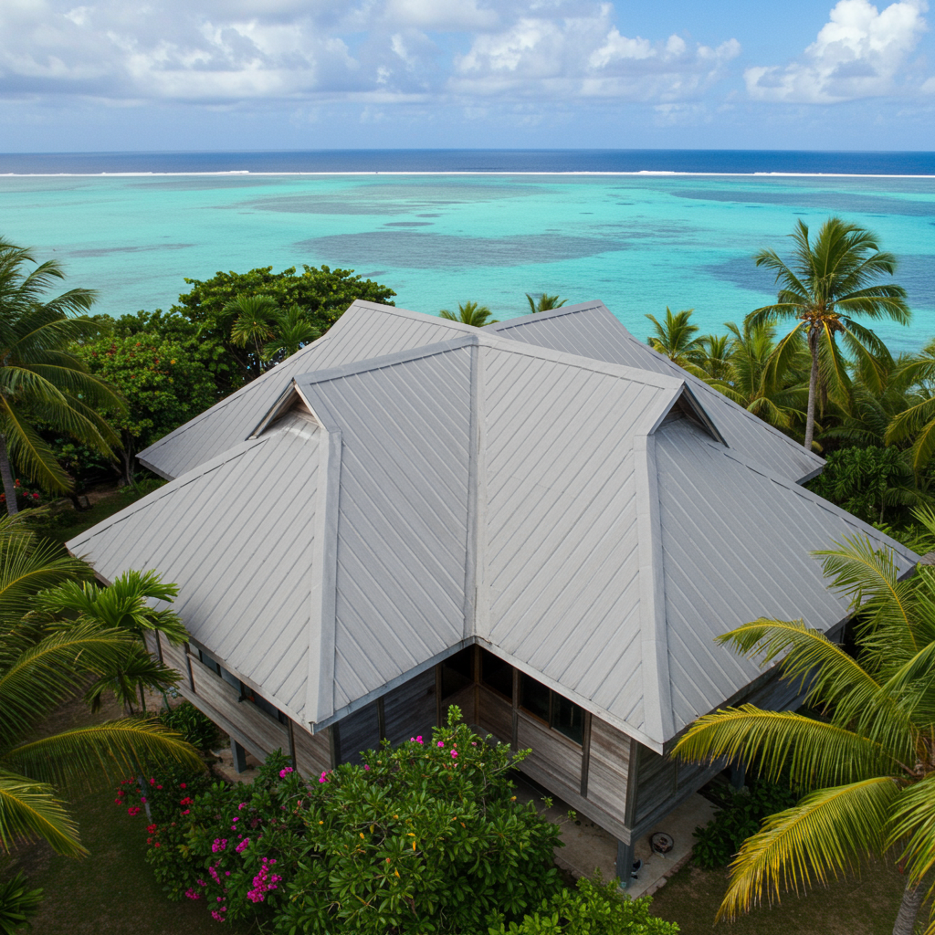 Toiture en bardeaux modernes sur une villa en bord de mer à Tahiti