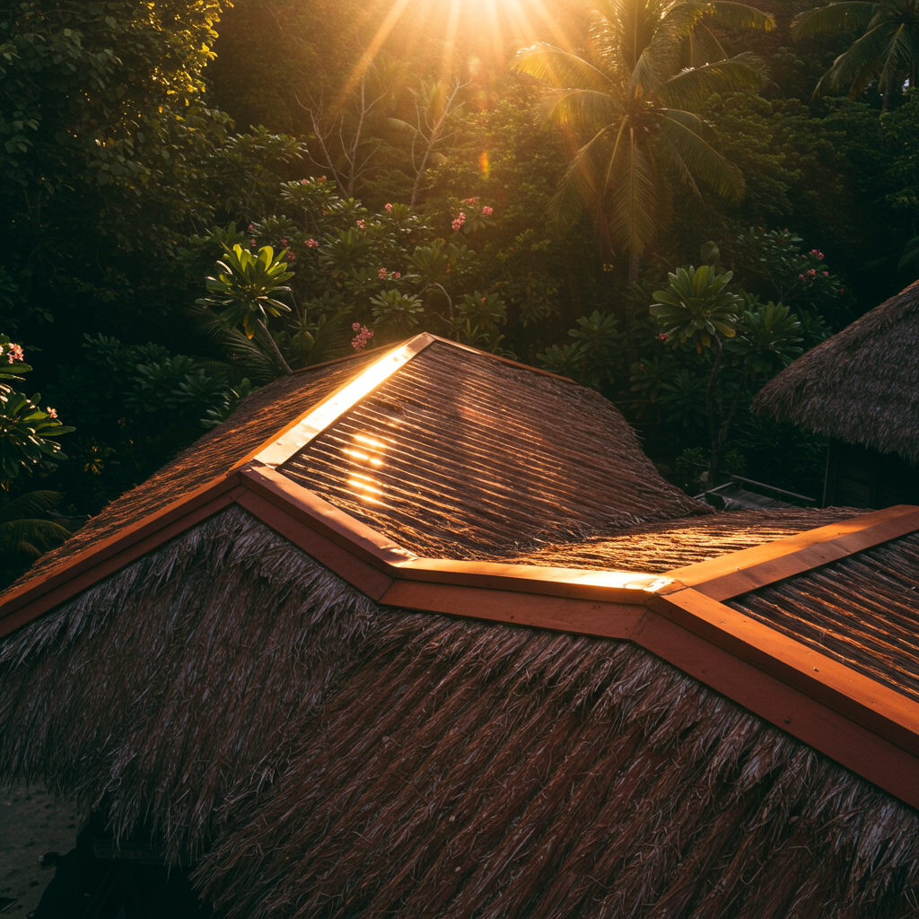 Détail d'une toiture en tuiles sur une maison de luxe polynésienne