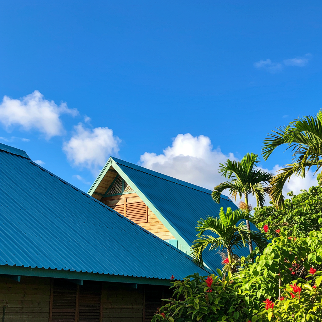 Image toiture professionnelle Tahiti - Expertise Les Compagnons Polynésiens un toit de luxe en Polynésie française avec l'océan en arrière-plan