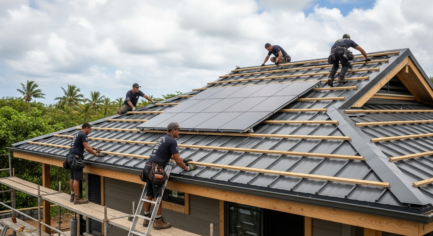 Toiture métallique bac acier Tahiti - Installation Les Compagnons Polynésiens Polynésie française